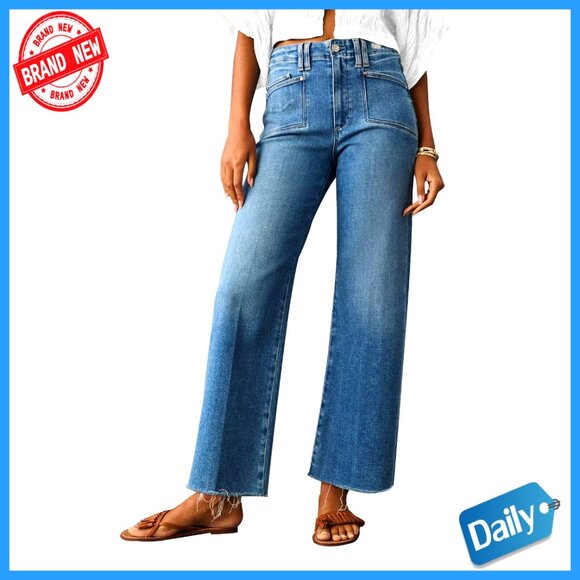 Denim - High Waist Wide Leg Stretch Jeans Straight Fit Five Pocket Denim Pants